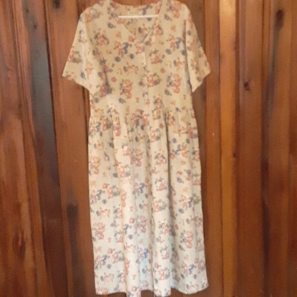 Vintage Eddie Bauer Floral Print Dress 100%Linen Size M Midi/Maxi